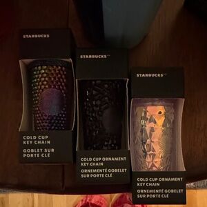 Starbucks Cold Cup Key Chain Trio - Iridescent, Black, and oil slick